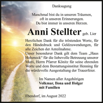 Traueranzeige von Anni Stellter (geb. Lier)  von Magdeburger Volksstimme