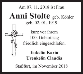 Traueranzeige von Anni Stolte (geb. Köhler)  von Magdeburger Volksstimme