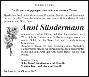 Traueranzeige von Anni Sündermann  von Magdeburger Volksstimme