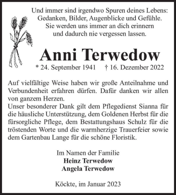 Traueranzeige von Anni Terwedow  von Magdeburger Volksstimme