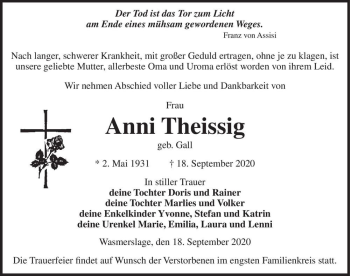Traueranzeige von Anni Theissig (geb. Gall)  von Magdeburger Volksstimme