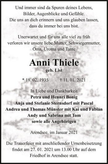 Traueranzeige von Anni Thiele (geb. List)  von Magdeburger Volksstimme
