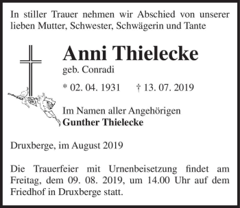 Traueranzeige von Anni Thielecke (geb. Conradi)  von Magdeburger Volksstimme