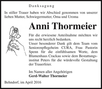 Traueranzeige von Anni Thormeier  von Magdeburger Volksstimme