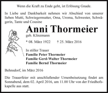 Traueranzeige von Anni Thormeier (geb. Klinzmann)  von Magdeburger Volksstimme