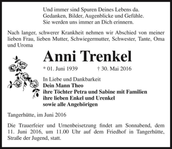 Traueranzeige von Anni Trenkel  von Magdeburger Volksstimme