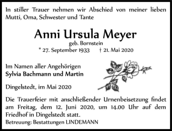 Traueranzeige von Anni Ursula Meyer (geb. Bornstein)  von Magdeburger Volksstimme