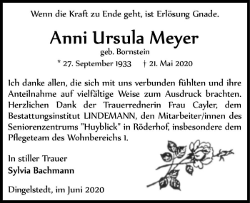 Traueranzeige von Anni Ursula Meyer (geb. Bornstein)  von Magdeburger Volksstimme