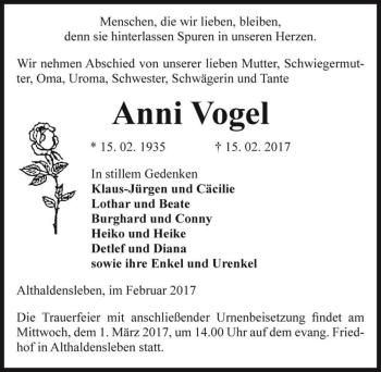 Traueranzeige von Anni Vogel  von Magdeburger Volksstimme