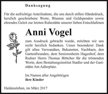 Traueranzeige von Anni Vogel  von Magdeburger Volksstimme