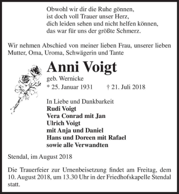 Traueranzeige von Anni Voigt (geb. Wernicke)  von Magdeburger Volksstimme