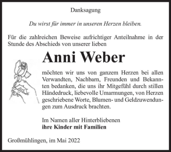 Traueranzeige von Anni Weber  von Magdeburger Volksstimme