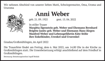 Traueranzeige von Anni Weber  von Magdeburger Volksstimme