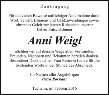 Traueranzeige von Anni Weigl  von Magdeburger Volksstimme