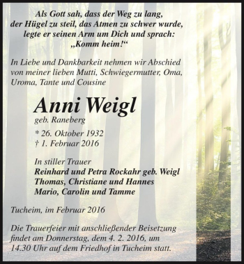 Traueranzeige von Anni Weigl (geb. Raneberg)  von Magdeburger Volksstimme