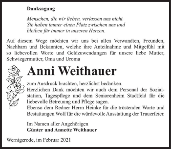 Traueranzeige von Anni Weithauer  von Magdeburger Volksstimme