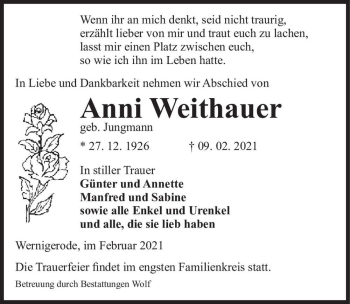 Traueranzeige von Anni Weithauer (geb. Jungmann)  von Magdeburger Volksstimme