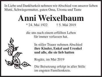 Traueranzeige von Anni Weixelbaum  von Magdeburger Volksstimme