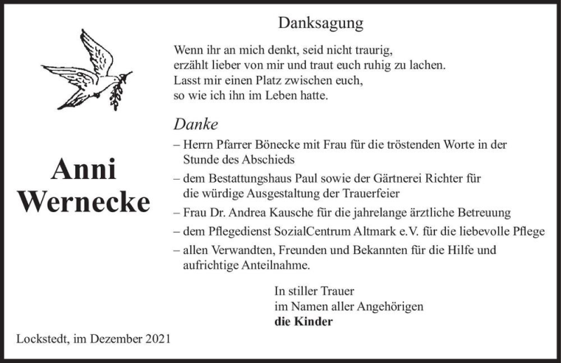  Traueranzeige für Anni Wernecke  vom 04.12.2021 aus Magdeburger Volksstimme