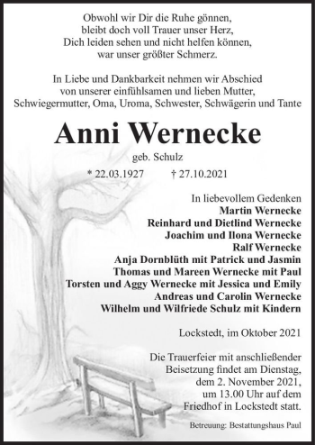 Traueranzeige von Anni Wernecke (geb. Schulz)  von Magdeburger Volksstimme