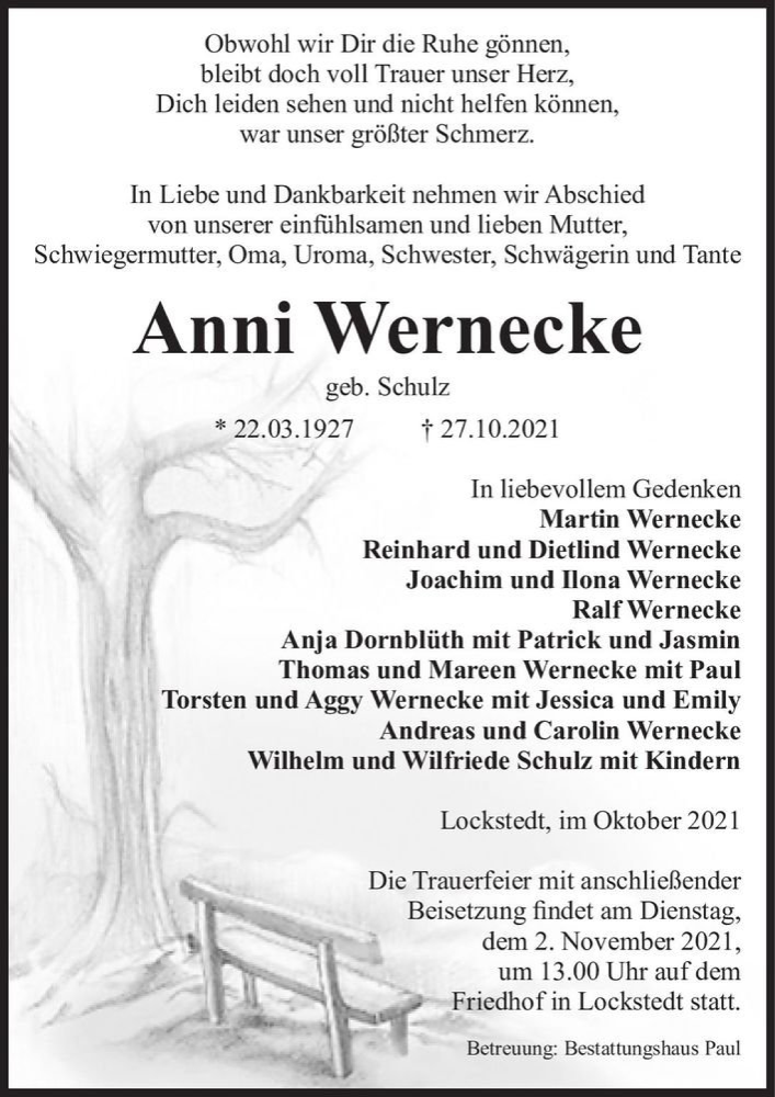  Traueranzeige für Anni Wernecke (geb. Schulz)  vom 30.10.2021 aus Magdeburger Volksstimme