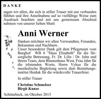 Traueranzeige von Anni Werner  von Magdeburger Volksstimme