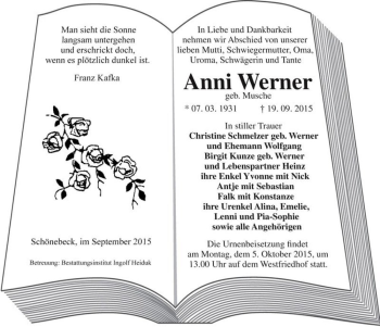Traueranzeige von Anni Werner (geb. Musche)  von Magdeburger Volksstimme