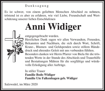 Traueranzeige von Anni Widiger  von Magdeburger Volksstimme