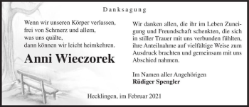 Traueranzeige von Anni Wieczorek  von Magdeburger Volksstimme