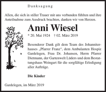 Traueranzeige von Anni Wiesel  von Magdeburger Volksstimme