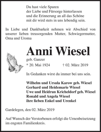Traueranzeige von Anni Wiesel (geb. Ganzer)  von Magdeburger Volksstimme