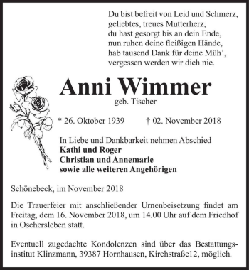 Traueranzeige von Anni Wimmer (geb. Tischer)  von Magdeburger Volksstimme