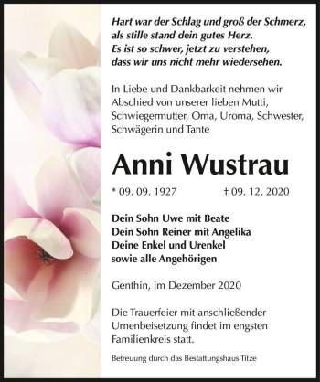 Traueranzeige von Anni Wustrau  von Magdeburger Volksstimme