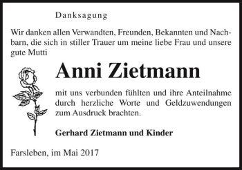 Traueranzeige von Anni Zietmann  von Magdeburger Volksstimme