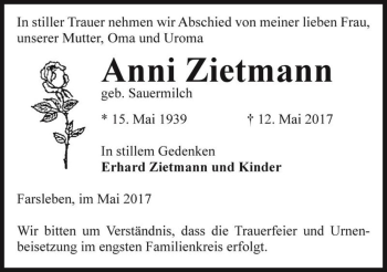 Traueranzeige von Anni Zietmann (geb. Sauermilch)  von Magdeburger Volksstimme