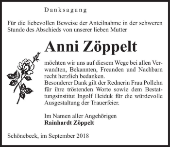 Traueranzeige von Anni Zöppelt  von Magdeburger Volksstimme