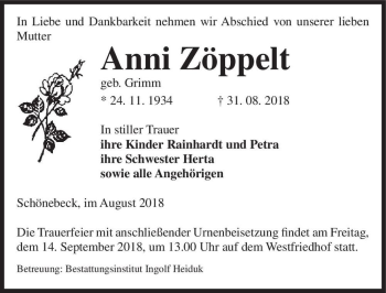 Traueranzeige von Anni Zöppelt (geb. Grimm)  von Magdeburger Volksstimme