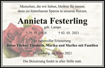 Traueranzeige von Annieta Festerling (geb. Lampe)  von Magdeburger Volksstimme