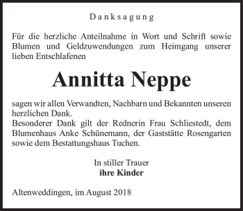 Traueranzeige von Annitta Neppe  von Magdeburger Volksstimme