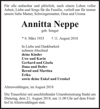 Traueranzeige von Annitta Neppe (geb. Senger)  von Magdeburger Volksstimme