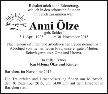Traueranzeige von Anni Ölze (geb. Schleef)  von Magdeburger Volksstimme