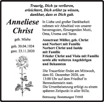 Traueranzeige von Annliese Christ (geb. Miehe)  von Magdeburger Volksstimme