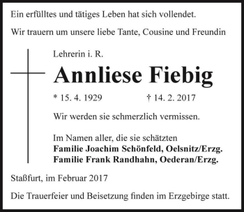 Traueranzeige von Annliese Fiebig  von Magdeburger Volksstimme