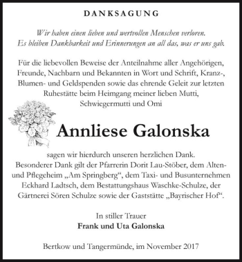 Traueranzeige von Annliese Galonska  von Magdeburger Volksstimme