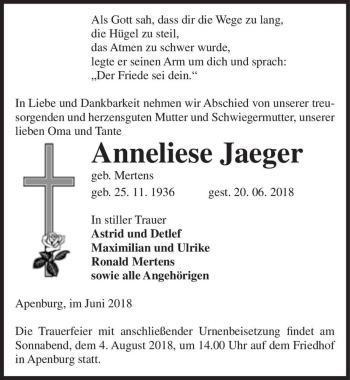 Traueranzeige von Annliese Jaeger (geb. Merten)  von Magdeburger Volksstimme
