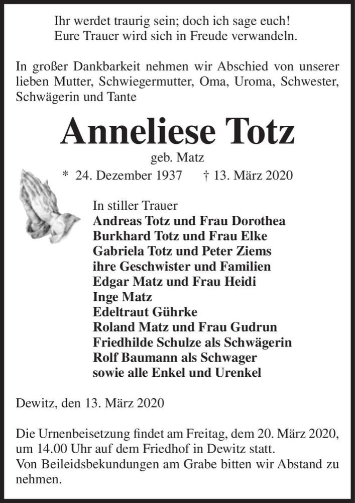  Traueranzeige für Annliese Totz (geb. Matz)  vom 17.03.2020 aus Magdeburger Volksstimme