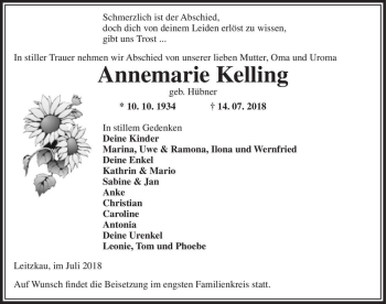 Traueranzeige von Annmarie Kelling (geb. Hübner)  von Magdeburger Volksstimme