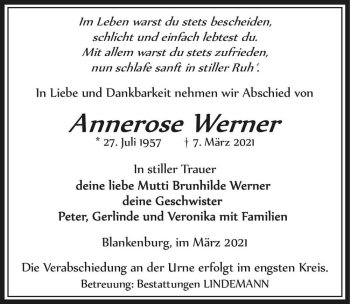 Traueranzeige von Annnerose Werner  von Magdeburger Volksstimme