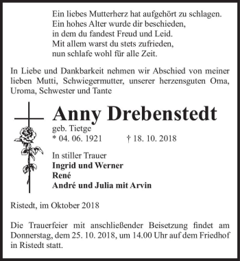 Traueranzeige von Anny Drebenstedt (geb. Tietge)  von Magdeburger Volksstimme