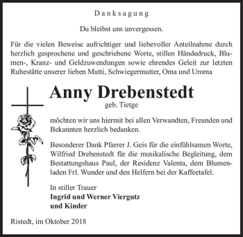 Traueranzeige von Anny Drebenstedt (geb. Tietge)  von Magdeburger Volksstimme